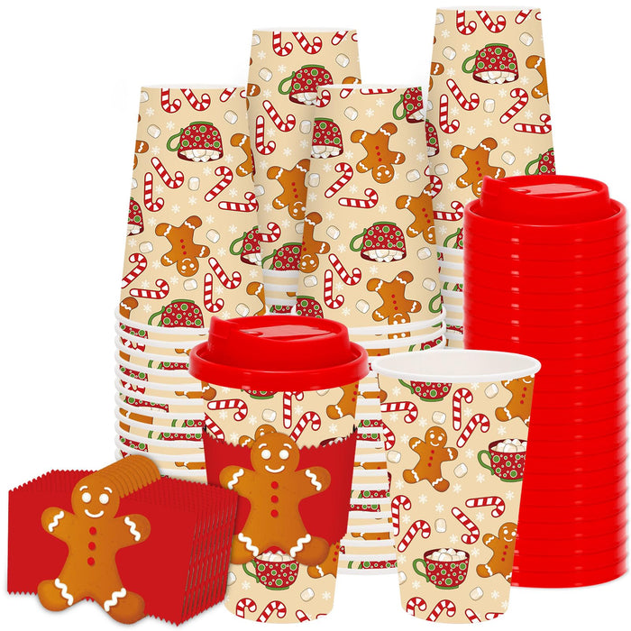 JarThenaAMCS 48 Set Christmas Disposable Coffee Cups with Lids and Sleeves Gingerbread Man Candy Cane Snowflake Paper Drinking Cups for Xmas Winter Holiday Party Supplies