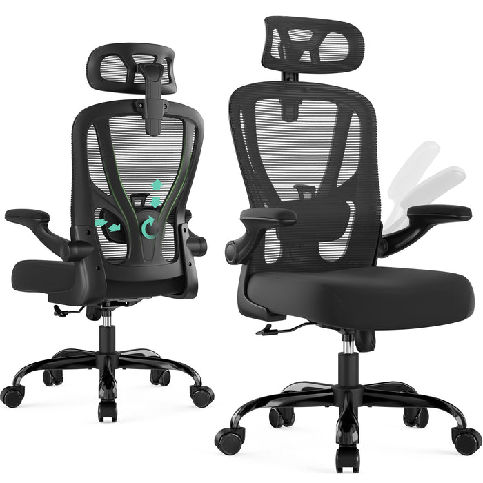 SOMEET Office Chair Ergonomic Desk Chair - Mesh High Back Office Chair with Headrests Wheels Lumbar Support Home Desk Office Chairs Flip up Armrest Executive Rolling Swivel Task Computer Chair Black
