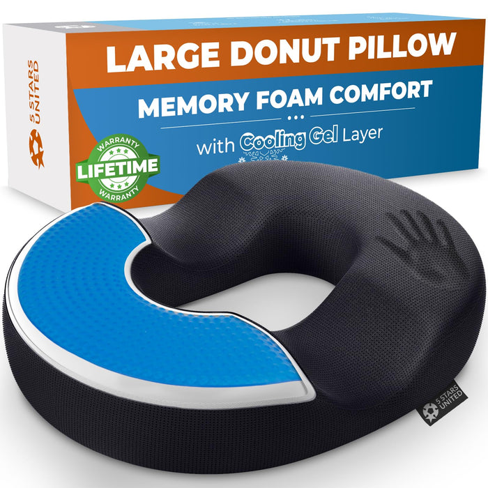 5 STARS UNITED Donut Pillow Hemorrhoid Tailbone Cushion – Large Chair Pad for Pain Relief – Coccyx, Prostate, Sciatica, Pelvic Floor, Pressure Sores, Pregnancy, Postpartum Recovery, Arctic Black