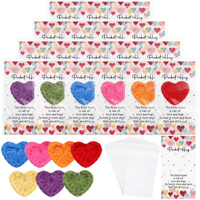Mindsoft 70 Sets Emotional Support Gift Bulk Cute Hand Crocheted Pocket Hug Heart Inspirational Cards and Bags Christmas Party Favor for Preschool Toddler Boy Girls