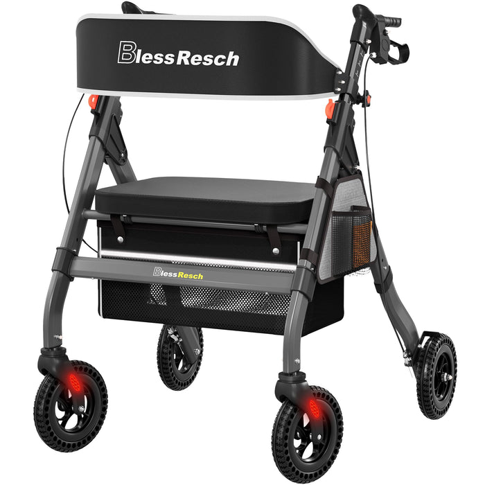 BlessReach Foldable Rollator Walkers with Seat for Seniors, 450 lb Capacity, 8'' Wheels, 18" Big Seat, 6-Position Height, Heavy-Duty Aluminum Rolling Walker (Gray)