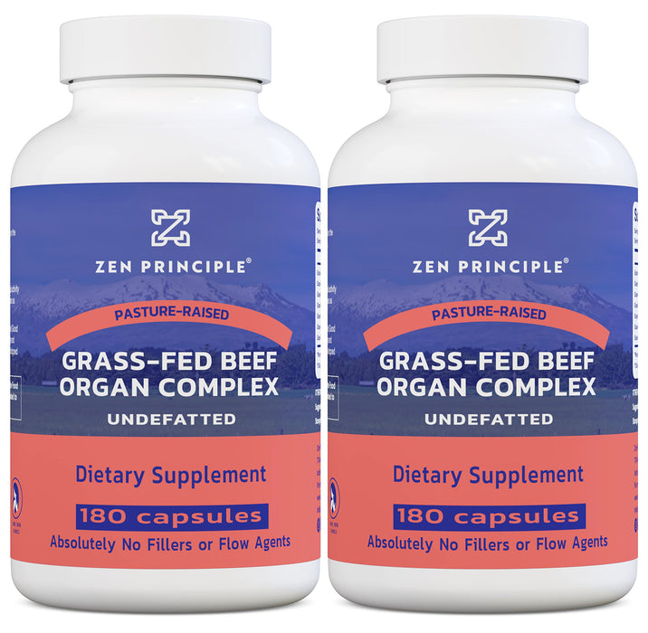 Zen Principle Grass Fed Beef Organs - Desiccated Liver, Heart, Kidney, Pancreas, Spleen, Intestine, Tripe/Stomach. Beef Organ Supplements 2-Pack