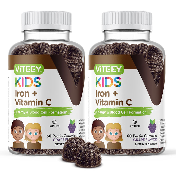 Iron Gummies for Kids with Vitamin C - Supports Energy, Blood Cell Formulation, Blood Builder Anemia Supplements, Gluten Free, Gelatin Free, GMO Free, Grape Flavor, Pectin Chewable Vegan Gummy Chews