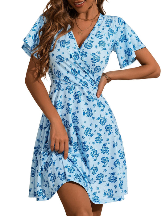 FENSACE Dinner Dresses for Women 2025 Summer Wrap V Neck Flattering Baby Shower Dress(Blue Floral-74,Large)