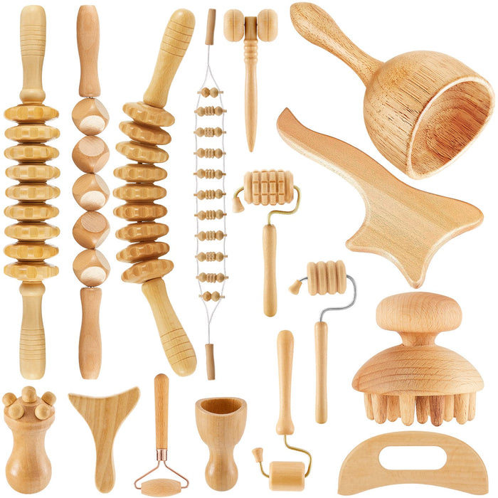 16-in-1 Wood Therapy Massage Tools Set Maderoterapia Kit Therapy Tools for Body Sculpting Muscle Pain Relief Lymphatic Drainage Women Face Wood Roller Massager Tools Fascia Massage