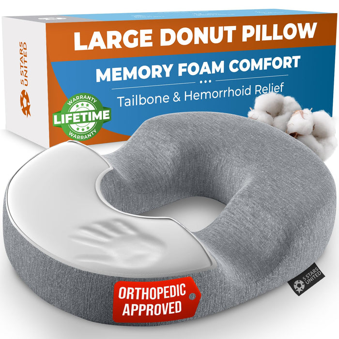 5 STARS UNITED Donut Pillow Hemorrhoid Tailbone Cushion – Large Cushion for Pain Relief – Coccyx, Prostate, Sciatica, Pelvic Floor, Pressure Sores, Pregnancy, Postpartum Recovery, Gray
