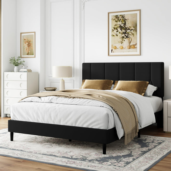 Queen Size Bed Frame, Platform Bed Frame with Velvet Upholstered Headboard, Queen Upholstered Mattress Foundation with Strong Wooden Slats, No Box Spring Needed, Noise Free, Easy Assembly