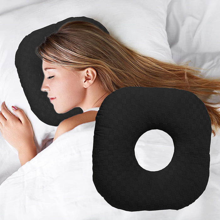 Wuronsa Ear Piercing Pillow for Side Sleepers, Pillow with an Ear Hole for CNH and Ear Pain Ear Inflammation Pressure Sores, O-Shaped Side Sleeping Pillow, Ear Guard Pillow(Black)