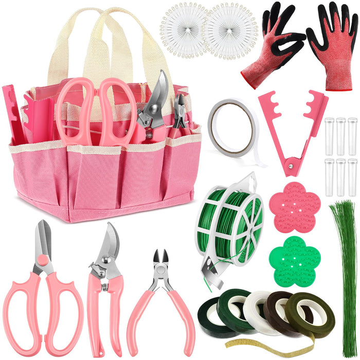WILLBOND 207 Pcs Flower Arrangement Supplies Christmas Pink Florist Garden Tools Gift Kit for Women Include Bag Thorn Remover Rose Stripper Outdoor Hand Tools Stem Pruning Shear Gloves Stem Wire Etc
