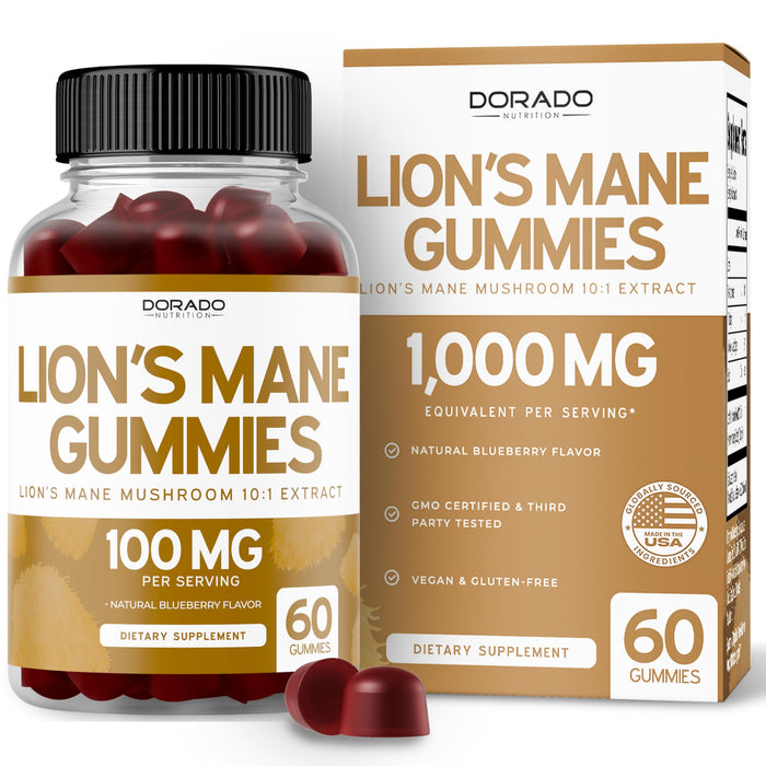 Lions Mane Mushroom Gummies (60 Count) Focus Gummies & Brain Mushroom Supplement for Adults - Delicious Blueberry Flavor - Premium Lions Mane Supplement - Third Party Tested, Vegan Safe & USA Made