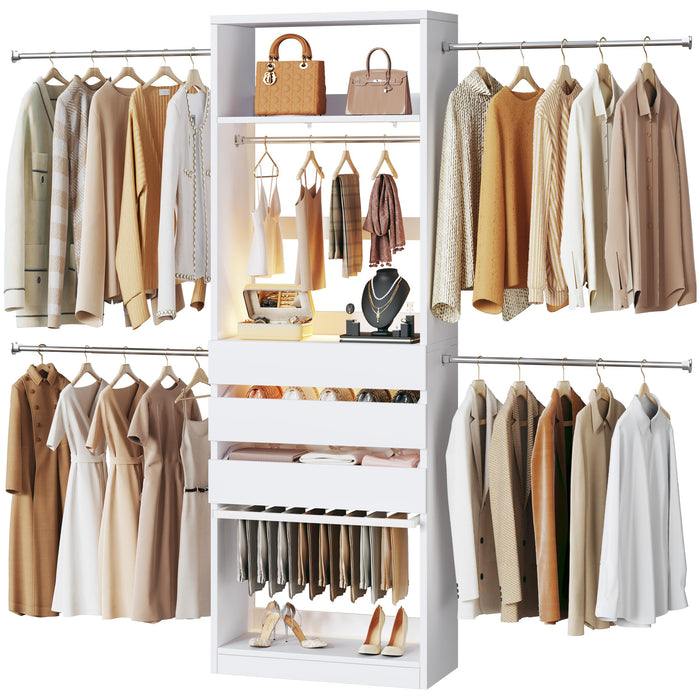 Closet System, 4-8FT Closet Organizer with 3 Wood Drawers & Glass Top, 102'' Walk in Closet with 5 Hang Rods & LED Lights & Trouser Rack, Built-in Wardrobe Clothes Rack with Shelves and Tower, White
