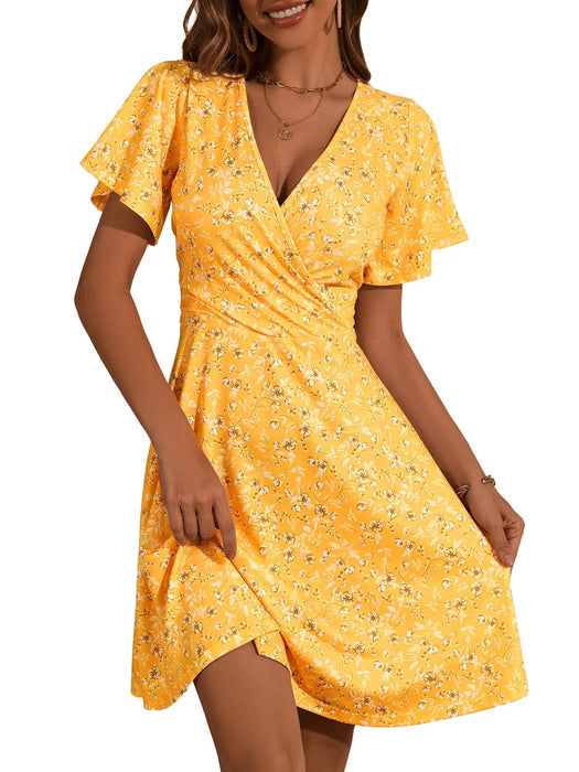 FENSACE Womens Spring Outfits Summer Flattering Knee Length Women Easter Dress(Yellow White Floral-71,Small)