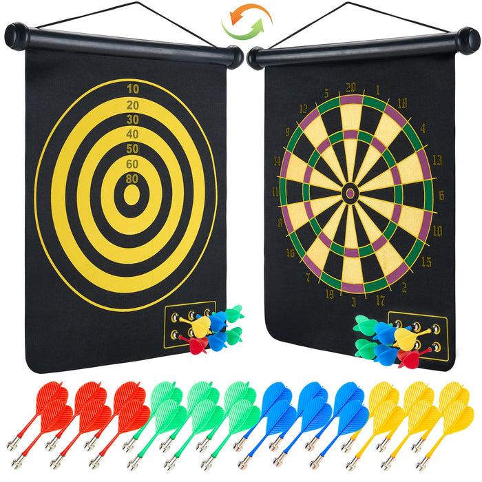 moopok Magnetic Dart Board with 24pcs Darts,Indoor Outdoor Dart Game for Kids and Adults，2in1 Rollup Safe Dart Flights Toys Set for 3-12 Year Old Boys Girls Christmas Birthday Gifts