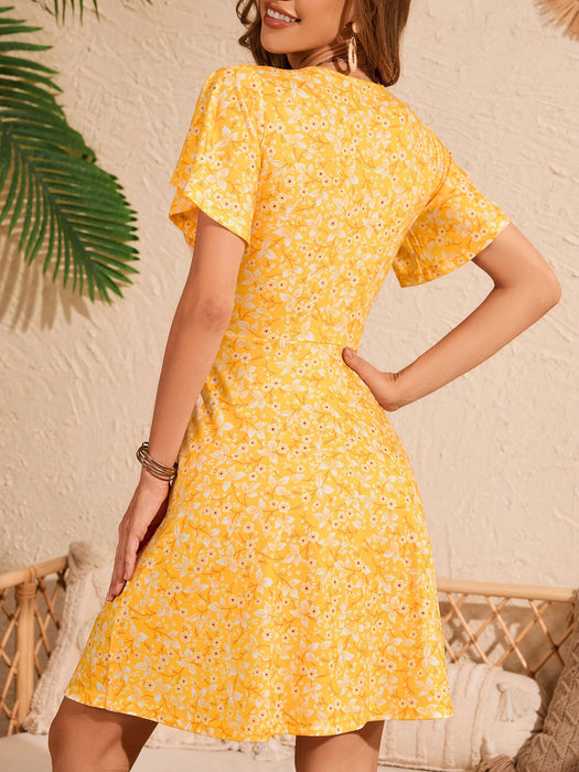 FENSACE Spring Clothes for Women 2025 Summer Short Sleeve Cute Easter Dresses(Yellow White Floral-70,Large)