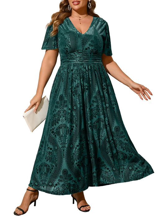 Simplee Womens V Neck Plus Size Velvet Dress Holiday Winter Christmas Party Long Formal Dress for Wedding Guest (4XL Dark Green)