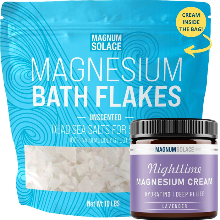 Magnesium Flakes for Bath 10 LBS, Plus Nighttime Magnesium Cream - Inside The Bag, Lavender