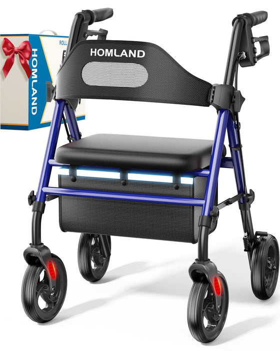 HOMLAND Foldable Rollator Walkers with Seat for Seniors, 8'' Big Wheels, 350 lb. Weight Capacity, Adjustable Handles and Seat Height, Lightweight Rolling Walker, Blue