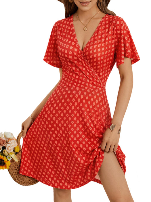 FENSACE Vacation Outfits for Women Summer Sun Resort Boho Dress for Women(Red Floral-64,Small)