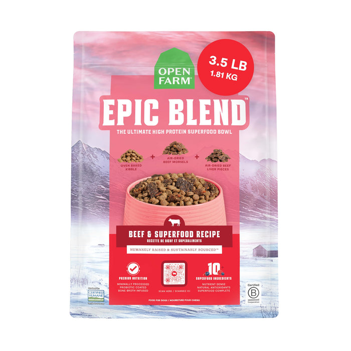 Open Farm, Epic Blend High Protein Dry Dog Food, Probiotic Coated & Bone Broth Infused Kibble with Air Dried Meat & Organs, Minimally Processed & Nutrient Dense, Beef & Superfood Recipe, 3.5lb Bag