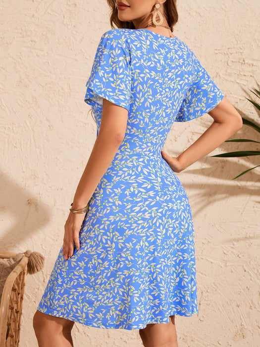 FENSACE Floral Dress Empire Waist Skater Tummy Control Summer Clothes for Women(Blue White Leaves-69,Medium)