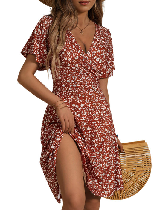 FENSACE Summer Outfits for Women 2025 Vacation Wrap V Neck Knee Length Womens Plus Size Dresses(Red White Floral-54,X-Large)