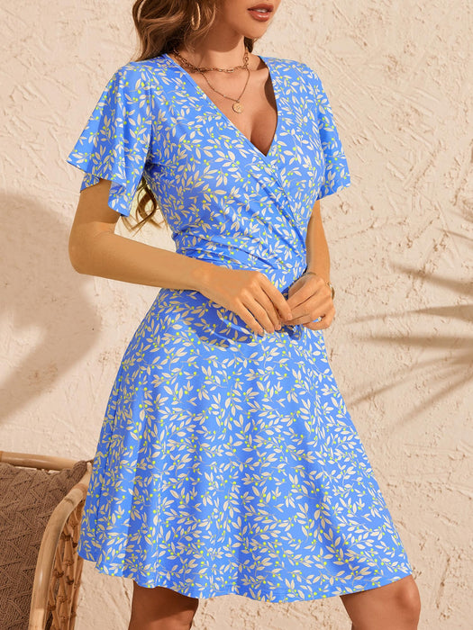 FENSACE Floral Dress Empire Waist Skater Tummy Control Summer Clothes for Women(Blue White Leaves-69,Medium)