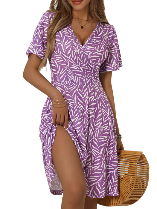 FENSACE Summer Dresses for Women Wrap V Neck Birthday Dress(Purple White Leaves-53,X-Large)
