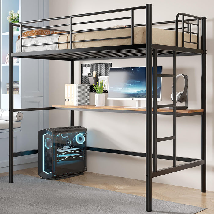 VECELO Loft Bed Twin Size with Desk, Metal Bedframe with Removable Ladder and Safety Guardrail, No Box Spring Needed, Space Saving, Noise Free, Dark Black