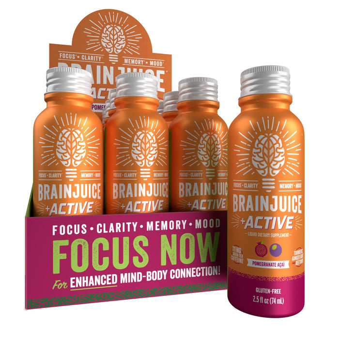 BrainJuice Brain Support Shot, Gluten Free Supplement Shots for Energy & Focus, Pre Workout with Alpha GPC, Vitamin B & Organic Green Tea Extract Caffeine, Active Pomegranate Acai, 2.5 fl oz, 12 Pack