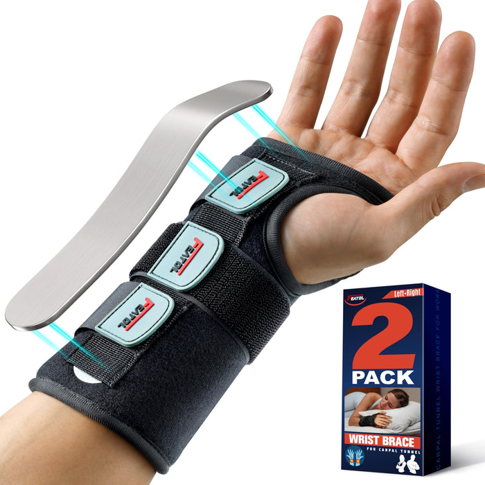FEATOL Carpal Tunnel Wrist Brace Night Support 2 Pack - Wrist Splint for Pain Relief Tendonitis, Sprained, Arthritis - Metal Splint Stabilizer With Hand Brace -FOR Sleeping Women Men -Right&Left(M/L)