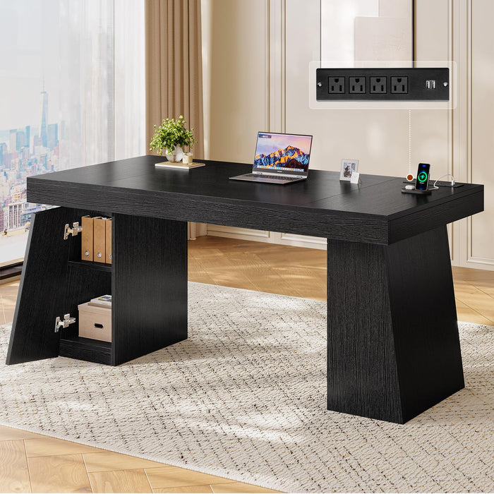 UPOSOJA 55.9 in Executive Desk with Power Outlets, Modern Home Office Desk with Storage Cabinet, Wood Computer Desk Business Workstation Desk Conference Table, Black (Storage Cabinet)