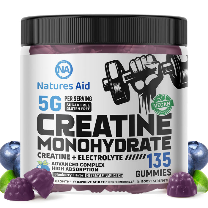 Natures Aid Creatine Monohydrate Gummies (5g) – Pre-Workout Energy & Muscle Growth Support for Men & Women | Blueberry Electrolyte Gummies (135 Count)