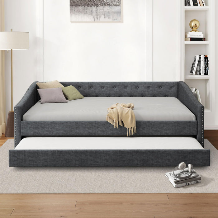 FAVSH Full Size Upholstered Daybed with Trundle,Tufted Sofa Bed w/Button on Back and Piping on Waved Shape Arms for Bedroom Guest Room, No Box Spring Needed,Dark Grey