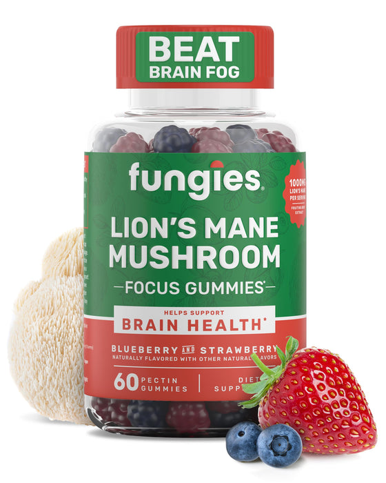 Fungies Lion's Mane Mushroom Gummies, Mixed Blueberry & Strawberry Flavor - Mushroom Supplement Gummy for Adults & Children Supports Brain Health, Cognitive Function, Focus, Memory & Mood, 60 Servings