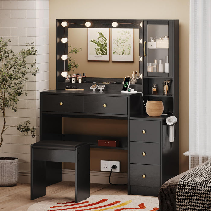 Makeup Vanity with Lights & Charging Station, Black Vanity Table with 5 Drawers & Open Storage Shelves, Vanity Desk with Mirror & Lights, Dressing Table Set, Bedroom Makeup Table Set Black Handle