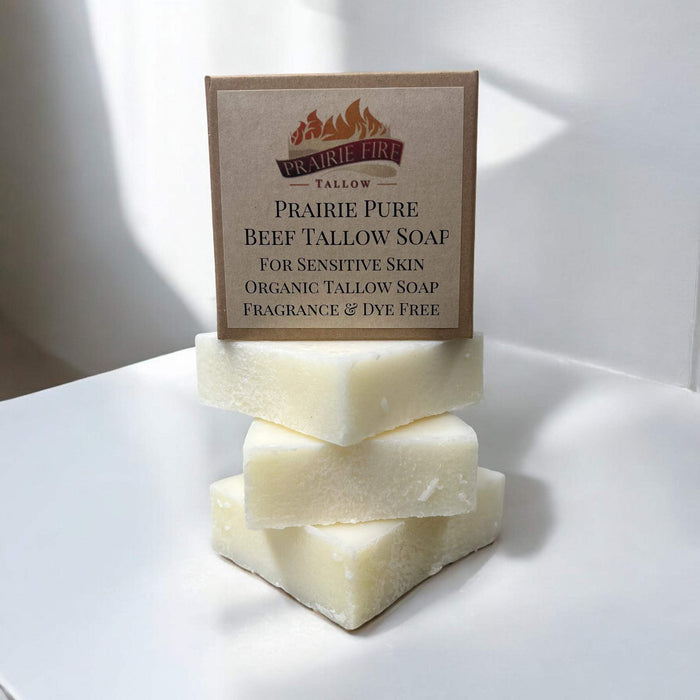 Prairie Fire Candles Pure Beef Tallow Soap Bar, (3 Pack) Grass Fed and Finished - Face, Body and Hair - Cleans, Moisturizes, Soothes, and Hydrates. Natural and Organic Fragrance Free