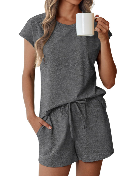 Ekouaer Cotton Pajamas for Women Set 2 Piece Cap Sleeve Pjs Shorts Set Lounge Sets Sleepwear Grey,Small