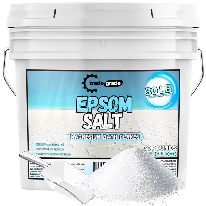 TradeGrade Epsom Salt – Pure Magnesium Sulfate for Soaking & Relaxation – Muscle Recovery, Wellness & Stress Relief – Includes Bucket with Scoop (30 Pounds)
