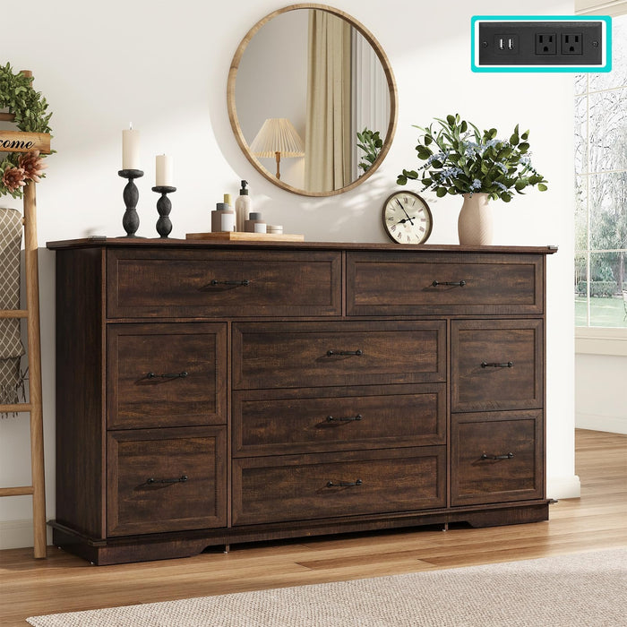 Farmhouse 9 Drawer Dresser for Bedroom,63” Wood Dresser & Chest of Drawers with Power Outlets,Large & Wide Dressers for Bedroom,Tall Storage Dresser Organizer(Rustic Brown)
