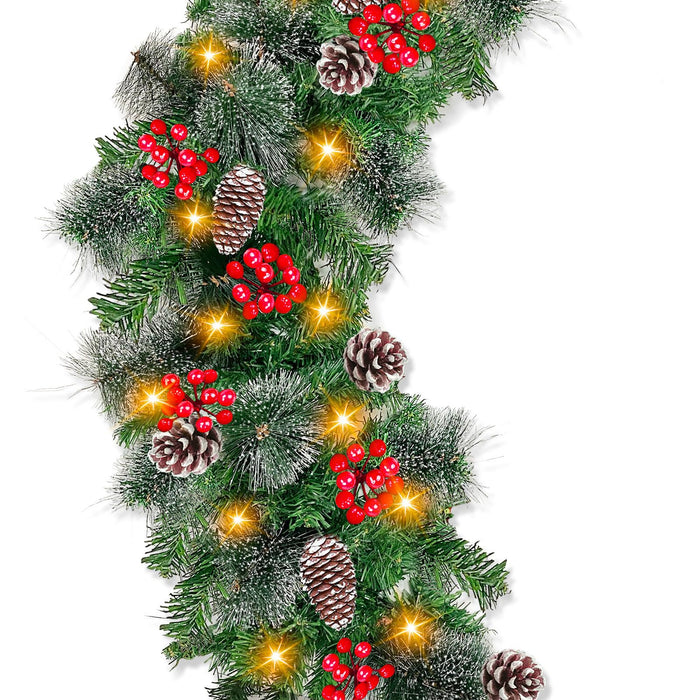 6 Ft by 10 Inch Pre-lit Artificial Christmas Garland with 30 Warm Lights Timer Battery Operated 150 Snowy Bristle Pine Branches 56 Red Berries 8 Pinecones Xmas Decor for Home Indoor Mantle Fireplace