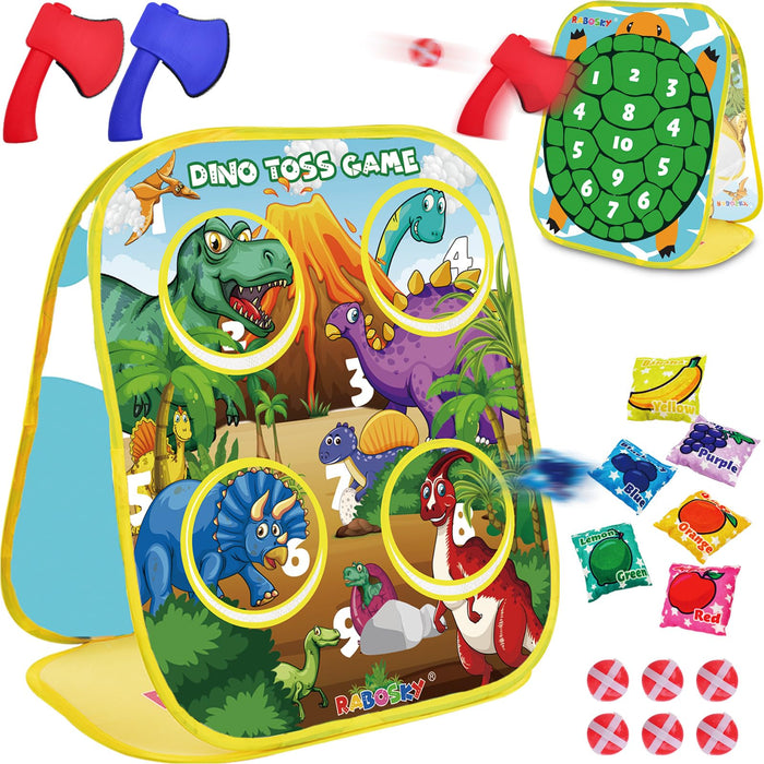 Retros Market 3-in-1 Dinosaur Toss Games for Kids Ages 4-8, Outdoor Outside Toddlers Toys for 2 3 4 5 Years Old Boy Gifts Birthday Valentines Easter Christmas, 6 Fruit Bean Bags, 2 Axes Throwing, 6 Sticky Balls