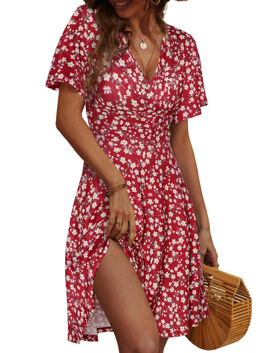 FENSACE Sun Dresses for Women 2025 Vacation Floral Summer Beach Wedding Guest Dresses(Red,Large)