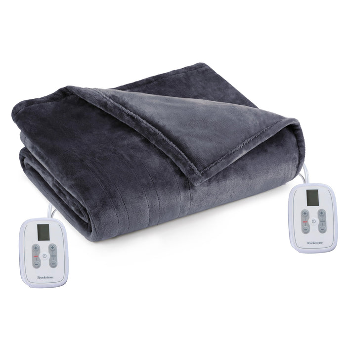 Brookstone Electric Heated Plush Blanket w/ 10 Heat Settings - Adjustable Timer, 12-Hour Auto Shut Off - Machine Washable & Dryer Safe - Polyester Velvet Blanket, Queen Size 84in x 90in - Gray