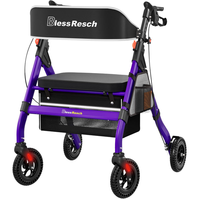 BlessReach Foldable Rollator Walkers with Seat for Seniors, 450 lb Capacity, 8'' Wheels, 18" Big Seat, 6-Position Adjustable Height, Heavy-Duty Aluminum Rolling Walker (Purple)