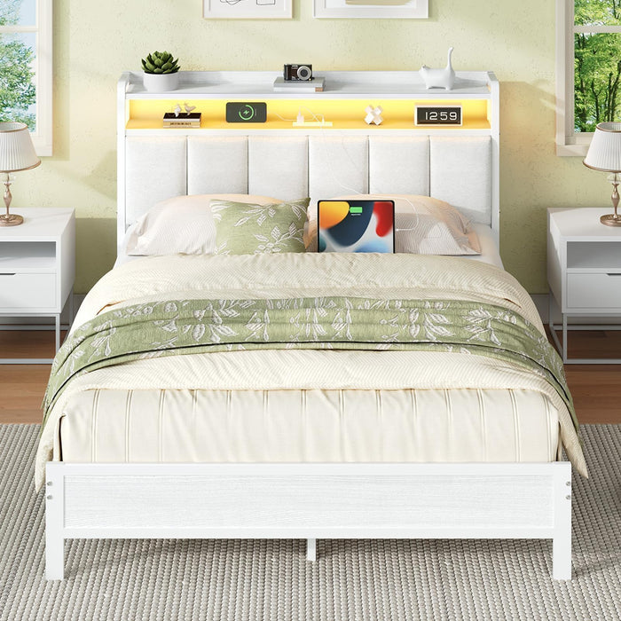 Full Size Bed Frame with Headboard and LED Lights, Upholstered Metal Platform Bed Frame Full with Charging Station and Storage, Heavy Duty Metal Slats, No Box Spring Needed, Easy Assembly, White
