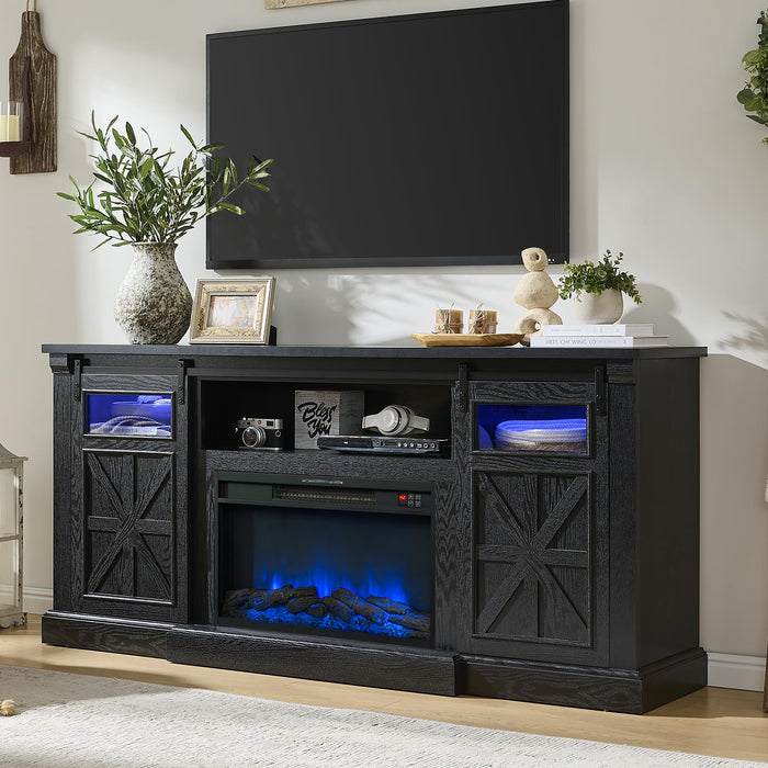 Unineo Fireplace TV Stand for up to 80 Inch TVs, 32’’ Tall LED Entertainment Center with Electric Fireplace, Farmhouse TV Console Table w/Sliding Barn Door & Window for Living Room, Black Woodgrain