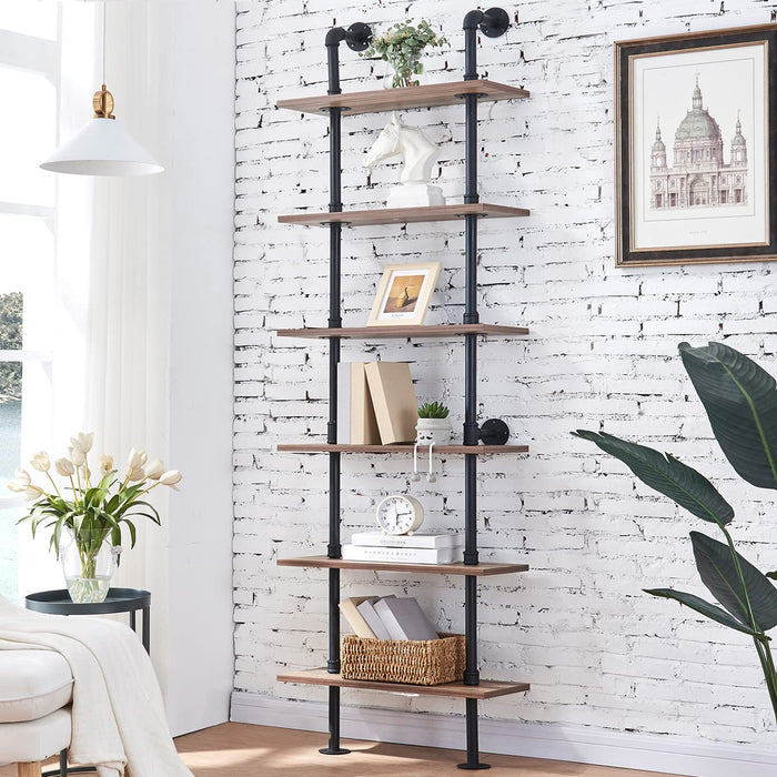 HOMBAZAAR Industrial Pipe Bookshelf,6 Tier Pipe Shelving,Wall Mounted Ladder Shelves with Metal Frame for Home Office,Living Room,Oak Brown