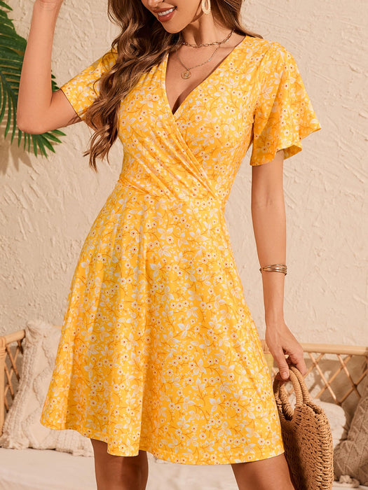 FENSACE Spring Clothes for Women 2025 Summer Short Sleeve Cute Easter Dresses(Yellow White Floral-70,Large)