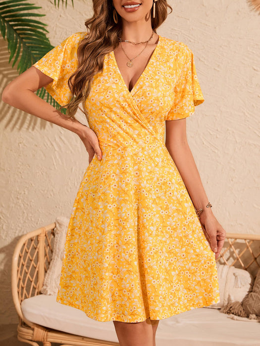 FENSACE Spring Clothes for Women 2025 Summer Short Sleeve Cute Easter Dresses(Yellow White Floral-70,Large)