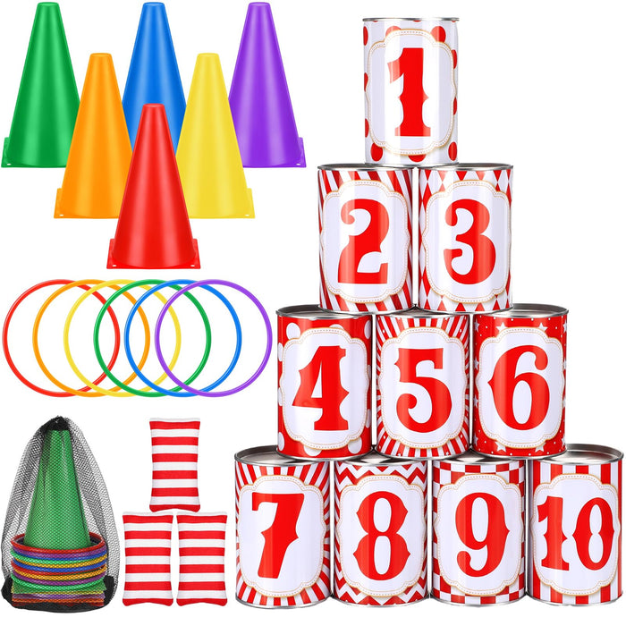 Retros Market 29 Pcs Carnival Games Set 4 in 1 Carnival Can Game Soft Plastic Cones Ring Toss Game Cornhole Bean Bags for Adults Teens Indoor Outdoor Games Activities Carnival Bday Party School Field Day